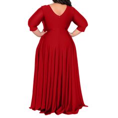 Red 3/4 Sleeve V Neck Plus Size Dress Solid Color Half Sleeve Party Dress, Solid Color Half Sleeve Evening Dress, Evening Dress With Half Sleeves, Formal Maxi Dress With 3/4 Sleeves For Summer, Fall Party Maxi Dress With 3/4 Sleeves, Red 3/4 Sleeve Party Dress, Red Half Sleeve Dress For Fall, Red Party Dress With 3/4 Sleeves, Red 3/4 Sleeve Dress For Fall