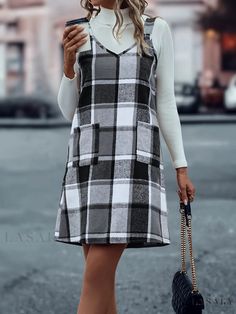 Lasaky - Chic Plaid Print Overall Bodycon Dress with Elegant Front Pocket Detail, Womens Fashion Piece Plaid Jumper Outfit, Plaid Fall Dress, Plaid Overall Dress Outfit, Plaid Pinafore Dress, Pinafore Dress Outfit Winter, Fall Plaid Dress, Fall Outfits Dresses, Cute Fall Dresses, Jumper Dress Outfit