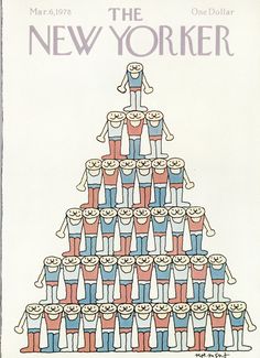 the new yorker magazine cover shows a pyramid of people holding cups in their hands and standing on top of each other