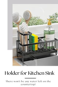 a kitchen sink with soap, scrubs and other bathroom items in the dish rack