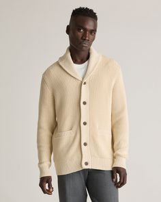 Get all buttoned up in this updated classic. Made of 100% organic cotton, our Organic Cotton Shawl-Collar Cardigan Sweater is soft on your skin and timeless by design. This ribbed cardigan sweater is chunky, cozy, and ideal for a bit of extra warmth on chilly days. Easy to layer, it pairs perfectly over a button-up or your favorite T-shirt. Mens Shawl Collar Cardigan, Shawl Collar Cardigan, Collar Cardigan, Silk Cami, Quarter Zip Sweater, Ribbed Cardigan, Linen Blazer, Shawl Collar, Charcoal Color