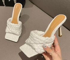 Women Shoe White Twisted Mule Slip on 3in heel. Ladies Slides, Sandal Slides, High Heel Slippers, Woven Sandals, Heels High, Slippers Pattern, Summer Slippers, Purple Shoes, Square Toe Heels