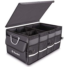 an open black storage box with four compartments