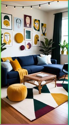 This living room exudes a vibrant, eclectic charm, featuring a deep navy blue sectional sofa paired with a mix of mustard yellow, light blue, and cream throw pillows. A light-colored area rug with geometric patterns adds texture and color, complementing the woven rattan coffee table and mustard pouf. The walls are adorned with a gallery of modern art prints, creating an artistic focal point, while string lights add a warm, inviting ambiance. The space is framed by deep green curtains and lush houseplants, enhancing the room's cozy and creative atmosphere, perfect for relaxing or entertaining. Beige Sofa Living Room Blue Walls, Blue Sofa Colour Schemes, Yellow Navy Living Room, Modern Yellow Living Room, Dark Navy Blue Couch Living Room, Blue Couch Yellow Pillows, Navy And Ochre Living Room, Blue And Yellow Boho Living Room, Eclectic Modern Apartment