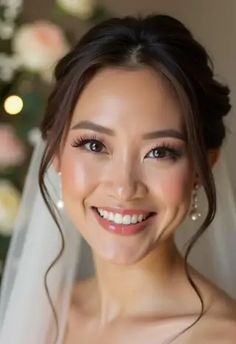 a woman wearing a wedding veil and smiling at the camera with flowers in the background