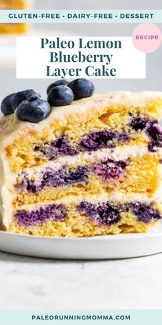 a slice of palen lemon blueberry layer cake on a white plate