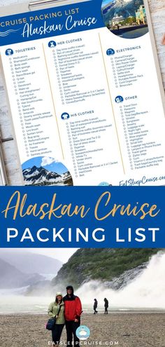 alaska cruise packing list with two people standing in front of it and the text alaska cruise packing