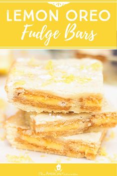 soft and chewy lemon oreo fudge bars stacked on top of each other