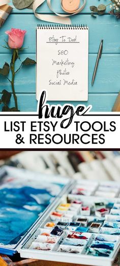 a blue table topped with lots of crafting supplies and a sign that says huge list etsytools & resources