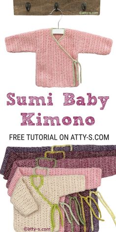 the knitted baby kimono is hanging on a clothes hanger with text that reads,