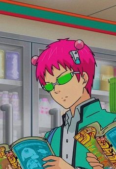 an anime character with pink hair and glasses holding two books in front of her face