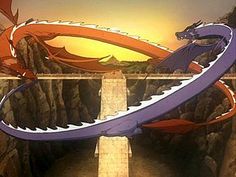 two dragon like creatures standing on a bridge