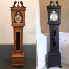 two different clocks side by side on the floor and one in front of the wall