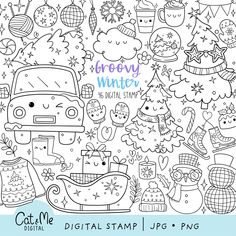 a coloring page for the digital stamp company's merry winter themed christmas scene with trees, snowmen and sleighs