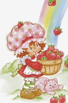 a card with a girl holding a basket of strawberries next to a pink pig