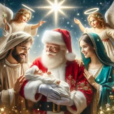 a santa clause holding a baby in his arms with angels around him and stars above it