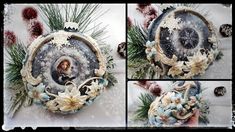 four different pictures of a woman in the snow with flowers and pine branches around her