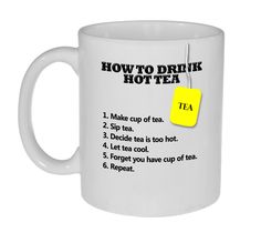 a white coffee mug with a yellow tag on it that says how to drink hot tea