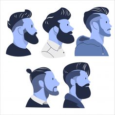 four different types of men's haircuts in blue and black colors, with the