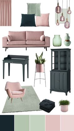 a living room with pink and green accents