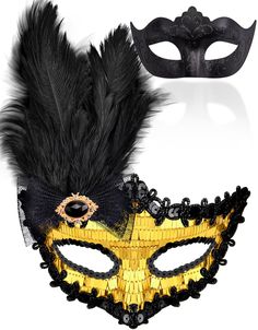 PRICES MAY VARY. Package includes - there are 2 pcs black and gold feather masquerade masks set for couples, the black plastic masquerade mask for men, the black & gold sequins masquerade mask with feathers and rhinestone decor for women Premium material - SIQUK masquerade masks are made of strong, durable and lightweight plastic, no extra glue and no discoloration, the feather masquerade mask couples set can be molded easily to the face contours of the wearers One size fits most - the couple ma Black Costume Accessories For Mardi Gras Carnival, Black Masks And Prosthetics For Mardi Gras Party, Black Masks And Prosthetics For Mardi Gras, Black Masks And Prosthetics For Carnival Party, Black Costume Accessories For Masquerade Carnival, Black Mardi Gras Masquerade Costume Accessories, Black Masquerade Mardi Gras Costume Accessories, Gold Masks For Halloween Party, Gold Costume Accessories For Masquerade Carnival