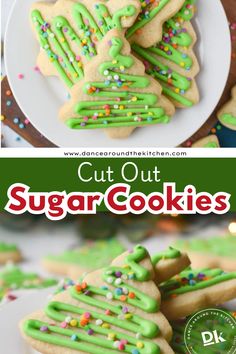 cut out sugar cookies with green icing and sprinkles are on a white plate