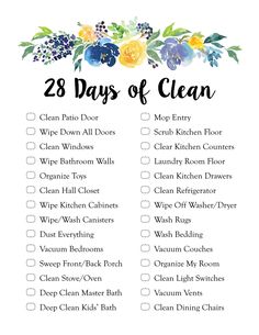 the 28 days of clean checklist is shown with flowers and leaves on it's side