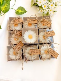 several small boxes with flowers in them on a table next to some white daisies