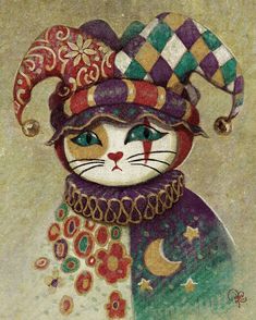 a painting of a cat wearing a colorful hat and scarf with flowers on it's head