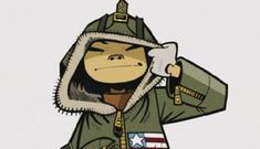 a monkey dressed in an army uniform and holding his hands up to his ears while wearing a hoodie