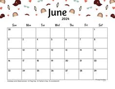 the june calendar is filled with hearts and other things to be seen in this image