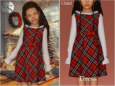 the dress is red and black with white collared neckline, long sleeves, and plaid