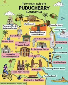 a map that shows the locations and attractions in puducherry and aurouille