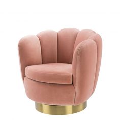 a pink chair with gold legs and a round seat in the shape of a shell