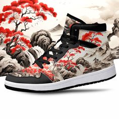 Get your hands on these awesome Japanese Art shoes while you still can. Relaxed, tailored and ultra-comfortable, you'll love the way you look in this durable, reliable classic. --------------- -Soft textile lining with lightweight construction for maximum comfort -High-quality outsole for traction and exceptional durability -Strong lace-up closure for a snug fit -Eye-catching artwork that's sure to turn heads --------------- 🛒 HOW TO ORDER  1. Select your favorite color 2. Select your size 3. A Artistic Custom Sneakers With Rubber Sole, Artistic Custom Sneakers With Rubber Sole And Round Toe, Artistic Custom Sneakers With Artwork, Japanese Art Cherry Blossom, Art Shoes, Custom Shoes Diy, Sneakers Athletic, Art Japonais, Shoe Art