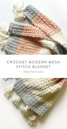 crochet modern mesh stitch blanket with tassels on top and the title overlay reads,'crochet modern mesh stitch blanket baby farm crafts '