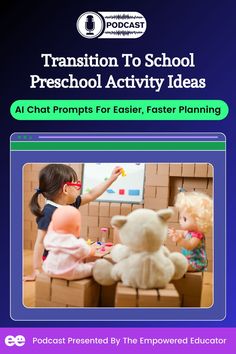 the front cover of transition to school preschool activity ideas with an image of two children and a teddy bear