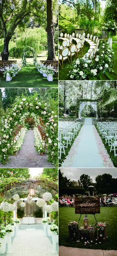 the wedding ceremony is set up with white flowers and greenery