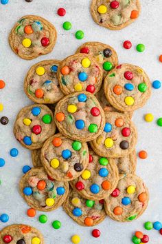 chocolate chip cookies with m & m candies and sprinkles on top