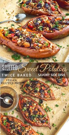 baked sweet potatoes on a baking sheet with spoons and seasoning next to them