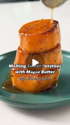 melting sweet potatoes with maple butter on a green plate and white tablecloth in the background