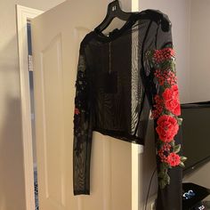 Beautiful Flower Detailing On Sleeves Size: S Fitted Floral Applique Top For Parties, Black Top With Floral Embroidery For Night Out, Black Tops With Floral Embroidery For Night Out, Black Floral Print Top For Evening, Black Floral Print Party Tops, Mesh Long Sleeve Top, Mesh Long Sleeve, Beautiful Flower, Long Sleeve Top