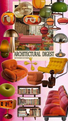 an advertisement for the architectural digest featuring furniture and bookshelves in different colors, shapes and sizes