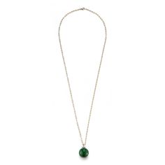 14kt Gold Malachite Gum Ball Drop Necklace We adore the new Gum Ball Drop long necklaces. Beautifully made in New York City of solid gold, malachite and diamonds. The 20mm Malachite pendant hangs from a 24" inch solid gold chain with signature clasp. This is thee perfect necklace for layering or just a long necklace to drop over your favorite t-shirt or sweater. 14kt Yellow Gold 18.05gm Gold 26" Length 20mm Malachite Clasp closure Made in New York Green Necklace With Detachable Round Pendant, Green Necklace With Large Medallion Pendant, Green Locket Necklace With Round Pendant, Green Amulet Pendant Necklace, Pendant Necklace With Cable Chain For May Birthstone, May Birthstone Pendant Necklace With Cable Chain, May Birthstone Cable Chain Pendant Necklace, Green Oval Pendant Amulet Necklace, Green Round Locket Necklace