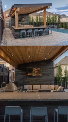 an outdoor kitchen and living room are shown in two different pictures, one is built into the