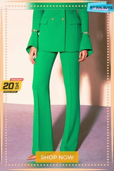 Plain Regular Fit Elegant Fashion Pants Spring Stretch Full-length Pantsuit, Spring Stretch Full Length Pantsuit, Spring High-waisted Dress Pants For Parties, Green Spring Dress Pants, Tailored Full-length Green Bottoms, Party Wide-leg Pantsuit With Pockets, Party Wide Leg Pantsuit With Pockets, Party Pantsuit With Pockets And Wide Leg, Green Ankle Pants For Party