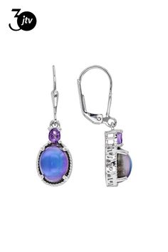 9x7mm Oval Cabochon Violet Aurora Moonstone And 0.27ctw Oval African Amethyst Rhodium Over Sterling Silver Dangle Earrings. Measures Approximately 1.17"L x 0.36"W. Leverbackings. Finished Under Gallery. Oval Amethyst Earrings With Gemstone Accents, Elegant Nickel-free Silver Gemstones, Silver Oval Cabochon Earrings, Elegant Oval Cabochon Gemstones, Silver Jewelry With Oval Cabochon Gemstone Accents, Oval Cabochon Gemstone Earrings For Anniversary, Silver Oval Earrings With Gemstone Accents, Formal Silver Oval Cabochon Earrings, Sterling Silver Jewelry With Oval Cabochon Accent Stones