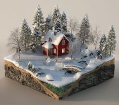 an island with a house on top of it in the middle of snow covered trees