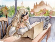 a watercolor painting of a woman sitting at a table