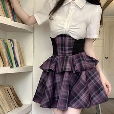 Please take the size info as a reference. The measurement error between 1-4cm is in the normal range.Fabric Material: Cotton blend. Polyester.Color: Purple Sku: SE22730Size Chart: S. M. L. XLSize SBust: 84cm/33.09"Waist: 60cm/23.64"Top length: 42cm/16.55"Skirt length: 50cm/19.70" Size MBust: 88cm/34.67"Waist: 64cm/25.22"Top length: 43cm/16.94"Skirt length: 51cm/20.09" Size LBust: 92cm/36.25"Waist: 68cm/26.79"Top length: 44cm/17.34"Skirt length: 52cm/20.49" Size XLBust: 96cm/37.82"Waist: 72cm/28. Dainty Clothing, Purple Skirt Outfit, Goth Outfits Aesthetic, Purple Plaid Skirt, Plaid Skirt Set, Plaid Skirt Outfit, Halter Dress Short, Pencil Skirt Outfits, Plaid Outfits